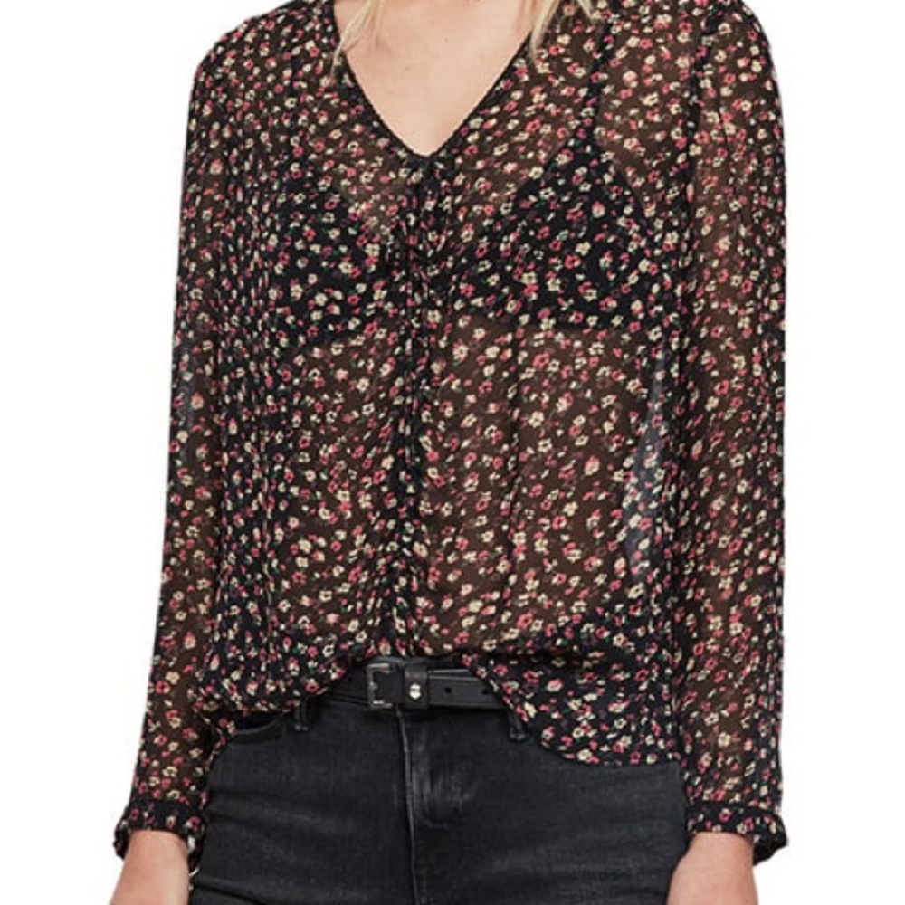 All Saints Sheer Black Blouse with Floral Design